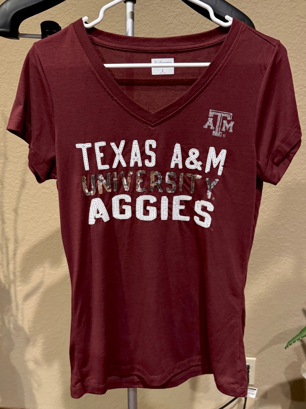 Texas A&M Aggies Sequined/Bling Logo Maroon Short Sleeve T Shirt By J. America